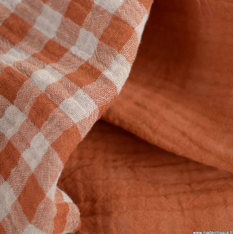 Tissu Double gaze Vichy réversible Cognac et blanc cassé - OEKO TEX