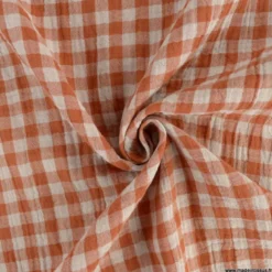 Tissu Double gaze Vichy réversible Cognac et blanc cassé - OEKO TEX