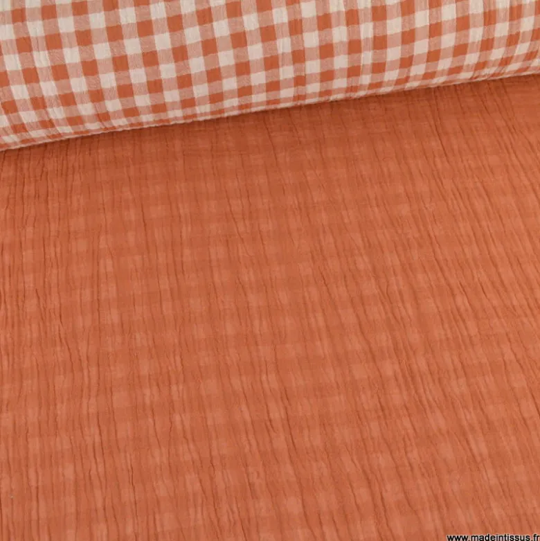 Tissu Double gaze Vichy réversible Cognac et blanc cassé - OEKO TEX