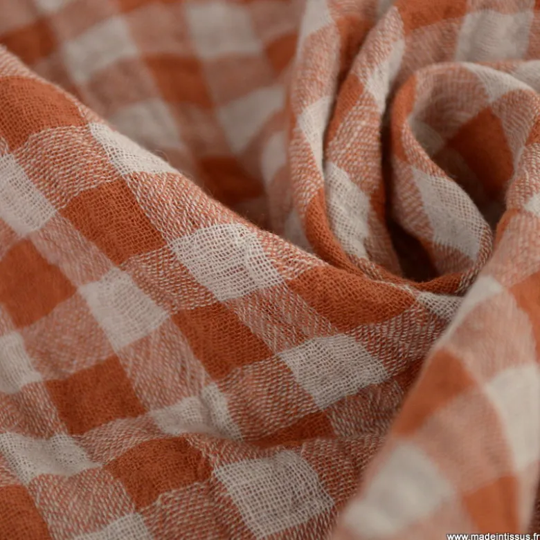 Tissu Double gaze Vichy réversible Cognac et blanc cassé - OEKO TEX