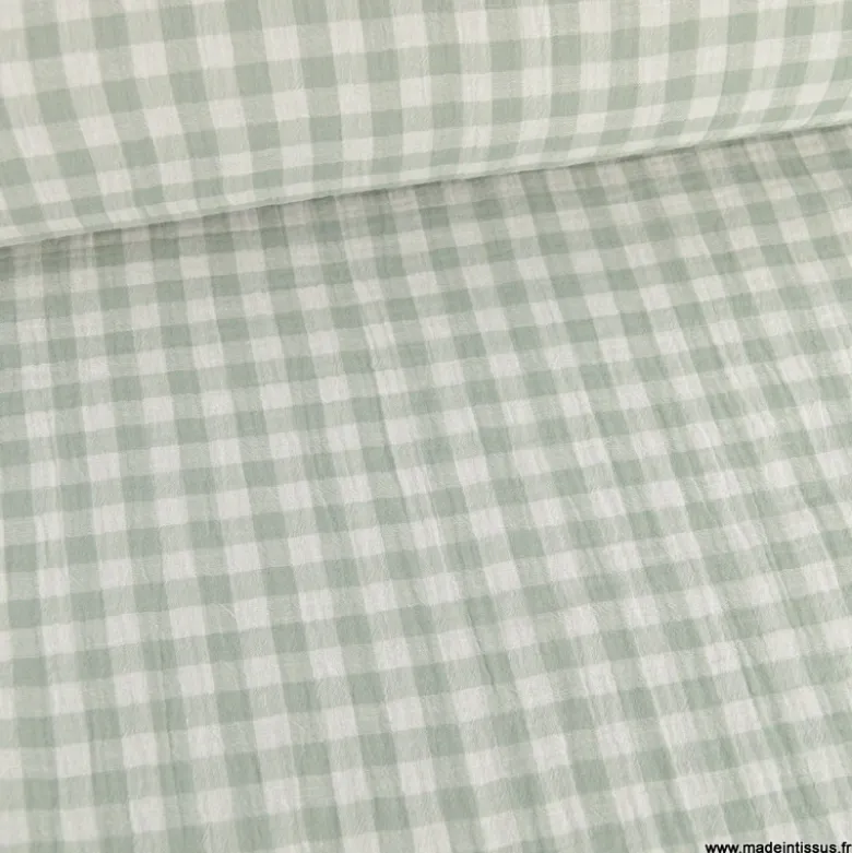 Tissu Double gaze Vichy réversible Vert de gris et blanc cassé - OEKO TEX