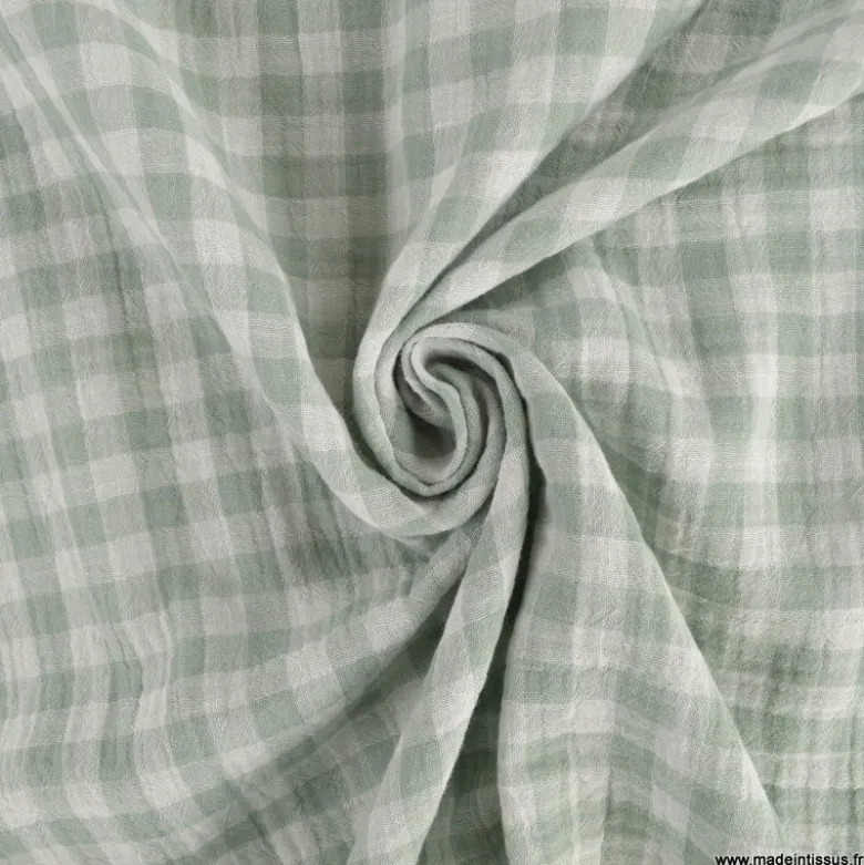 Tissu Double gaze Vichy réversible Vert de gris et blanc cassé - OEKO TEX