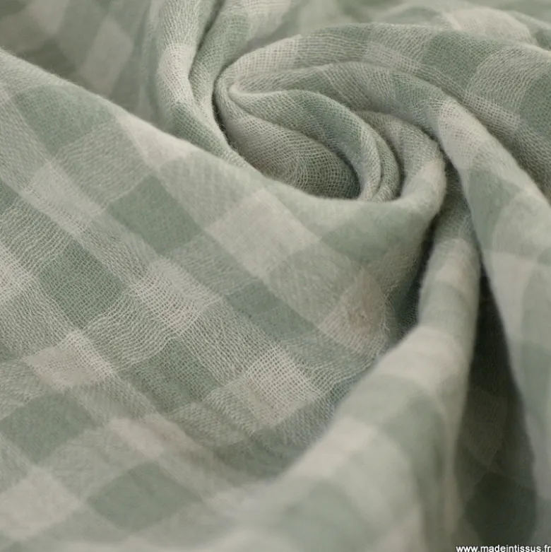 Tissu Double gaze Vichy réversible Vert de gris et blanc cassé - OEKO TEX