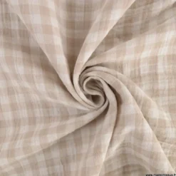 Tissu Double gaze Vichy réversible Galet et blanc cassé - OEKO TEX