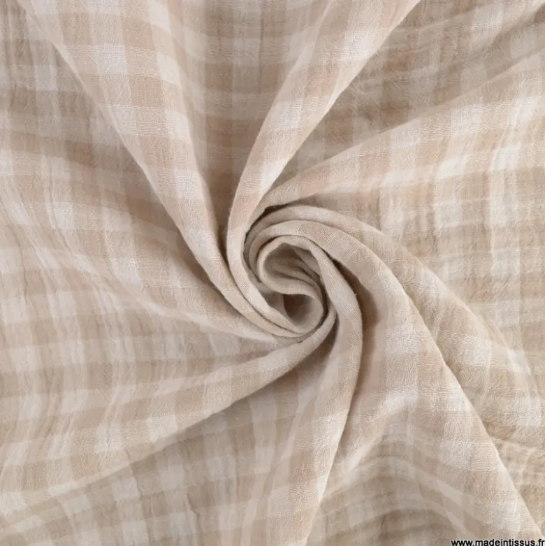 Tissu Double gaze Vichy réversible Galet et blanc cassé - OEKO TEX