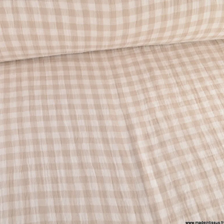 Tissu Double gaze Vichy réversible Galet et blanc cassé - OEKO TEX
