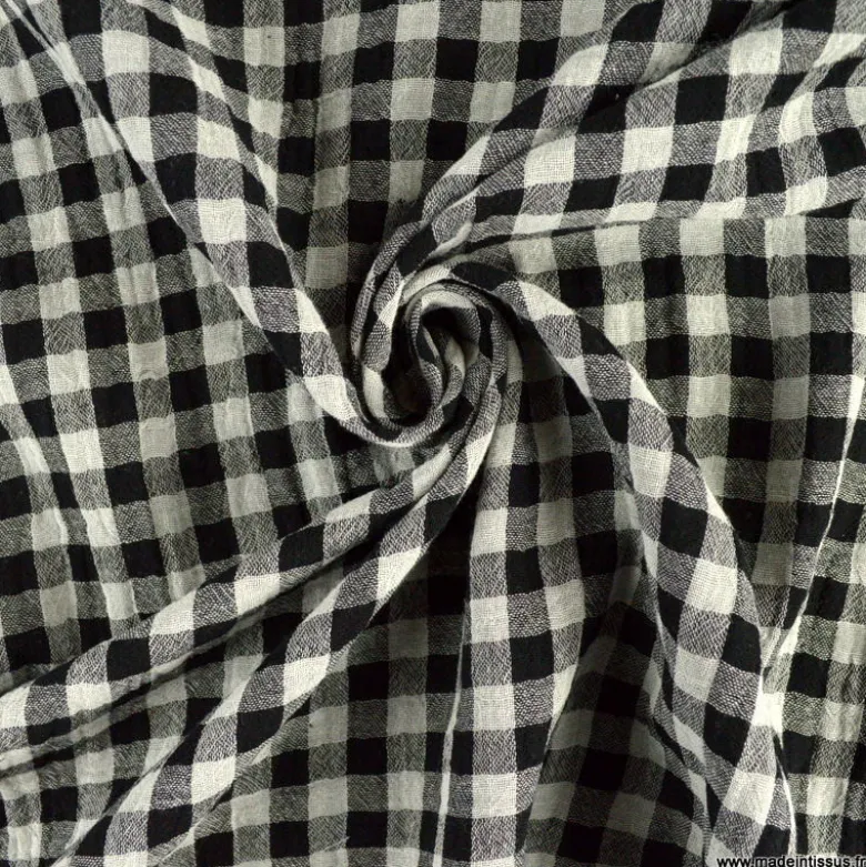 Tissu Double gaze Vichy réversible Noir et blanc cassé - OEKO TEX