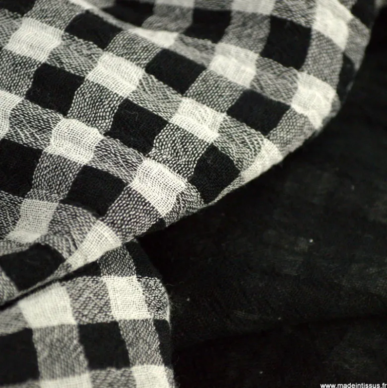 Tissu Double gaze Vichy réversible Noir et blanc cassé - OEKO TEX