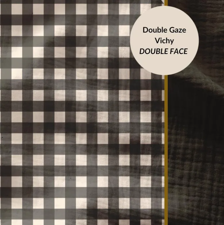 Tissu Double gaze Vichy réversible Noir et blanc cassé - OEKO TEX