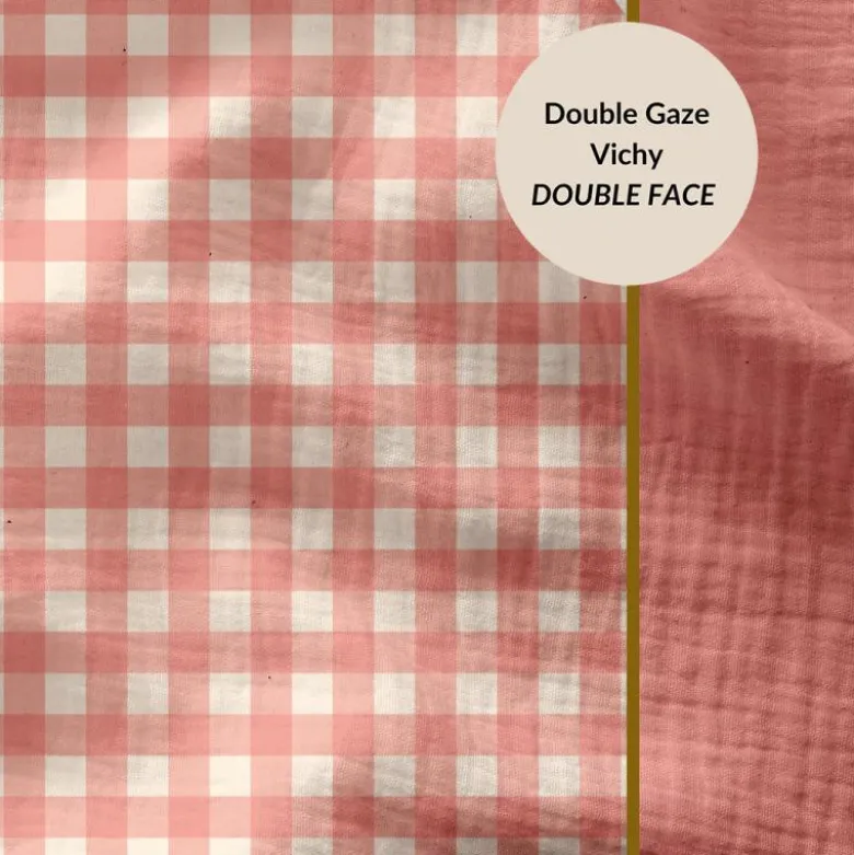 Tissu Double gaze Vichy réversible Barbapapa et blanc cassé - OEKO TEX