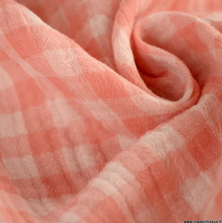 Tissu Double gaze Vichy réversible Barbapapa et blanc cassé - OEKO TEX