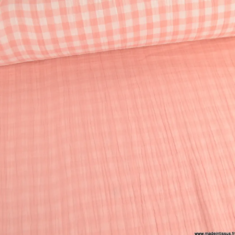 Tissu Double gaze Vichy réversible Barbapapa et blanc cassé - OEKO TEX