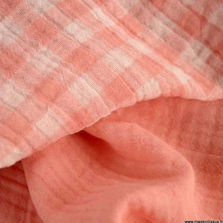 Tissu Double gaze Vichy réversible Barbapapa et blanc cassé - OEKO TEX