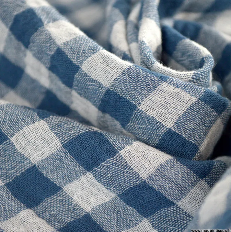 Tissu Double gaze Vichy réversible Pierre bleue et blanc cassé - OEKO TEX
