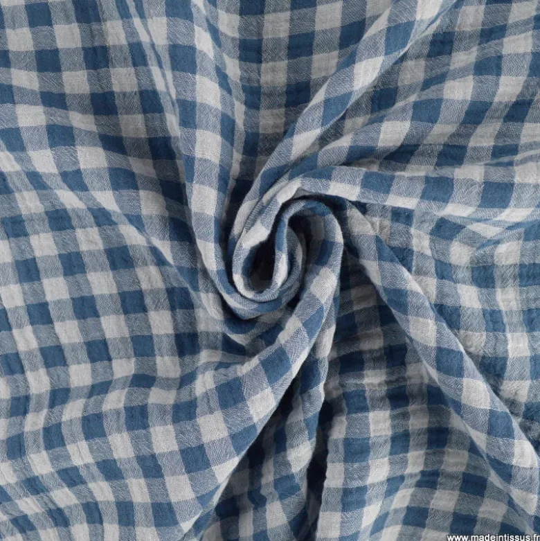 Tissu Double gaze Vichy réversible Pierre bleue et blanc cassé - OEKO TEX