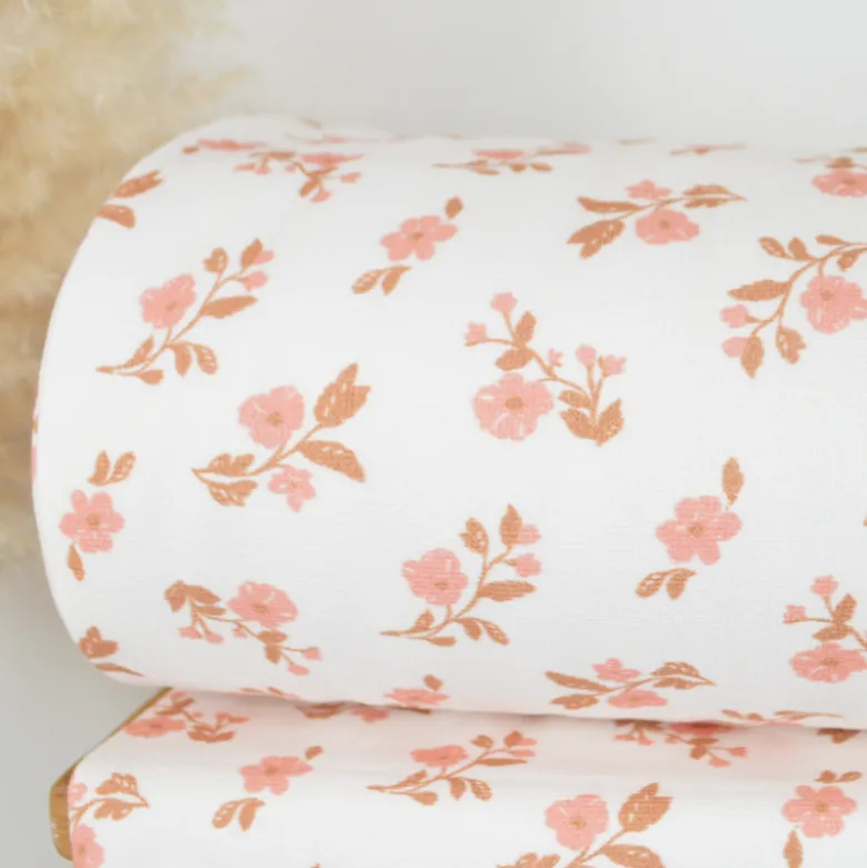 Tissu Eponge de coton monoface Alina motif fleurs fond écru