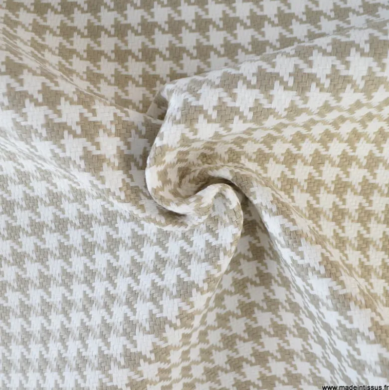 Tissu extérieur etanche polypro pied de poule beige et blanc