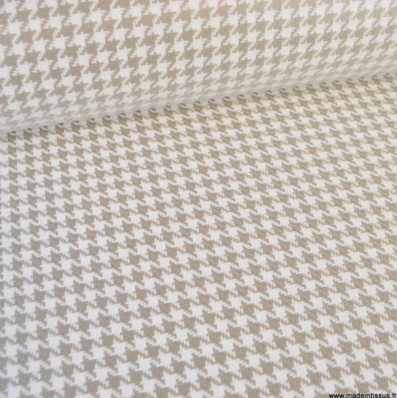 Tissu extérieur etanche polypro pied de poule beige et blanc