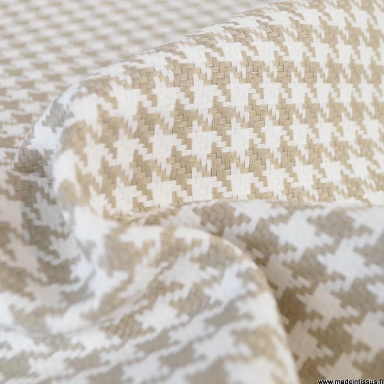 Tissu extérieur etanche polypro pied de poule beige et blanc