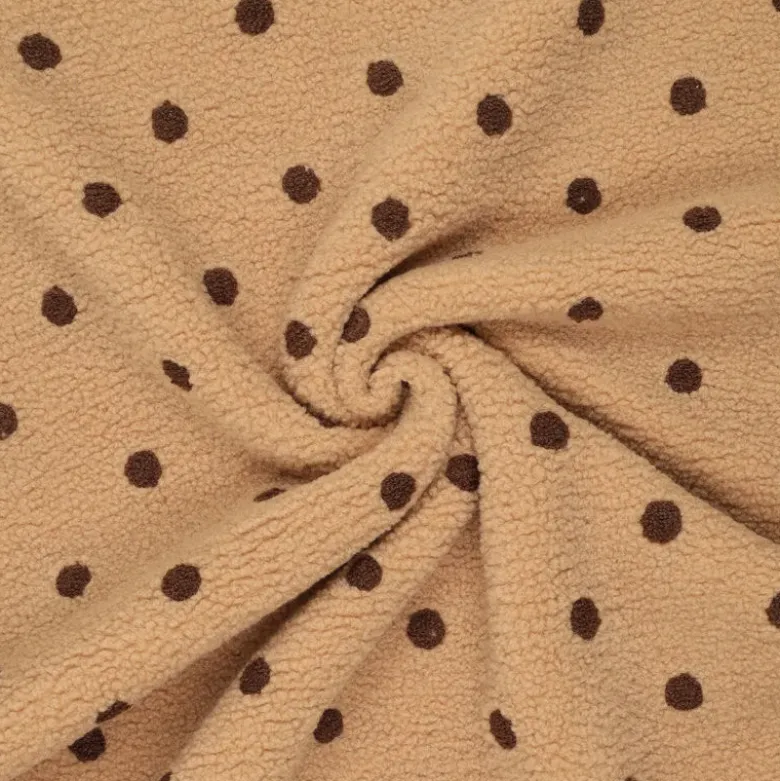 Tissu Fausse Fourrure Sherpa brodée pois fond camel - OEKO TEX