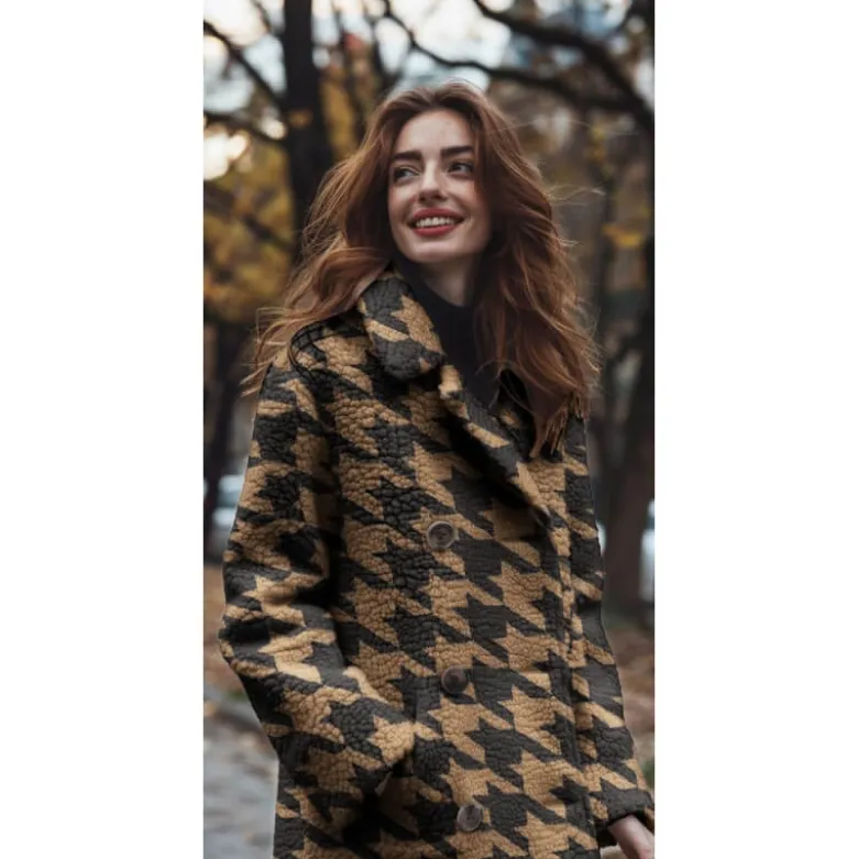 Tissu Fausse Fourrure Sherpa à motif Pied de poule XXL fond camel - OEKO TEX