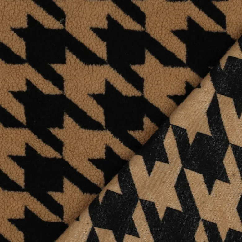 Tissu Fausse Fourrure Sherpa à motif Pied de poule XXL fond camel - OEKO TEX