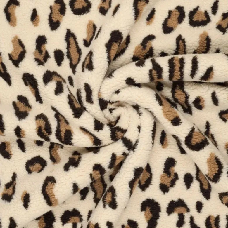 Tissu Fausse Fourrure Sherpa à motif léopard fond écru - OEKO TEX