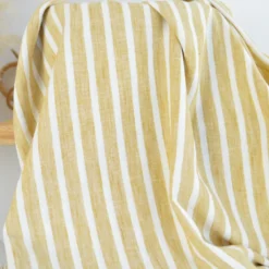 Tissu fluide polyester aspect Lin à rayures Ocre et blanc
