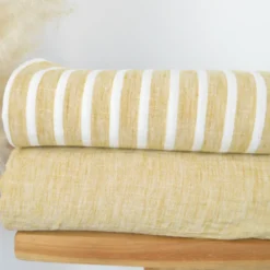 Tissu fluide polyester aspect Lin à rayures Ocre et blanc