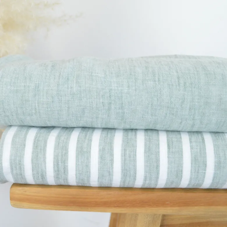 Tissu fluide polyester aspect Lin à rayures vert olive et blanc