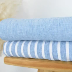 Tissu fluide polyester aspect Lin à rayures Bleu et blanc