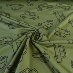 Tissu French Terry coton – Motif voitures XXL fond kaki