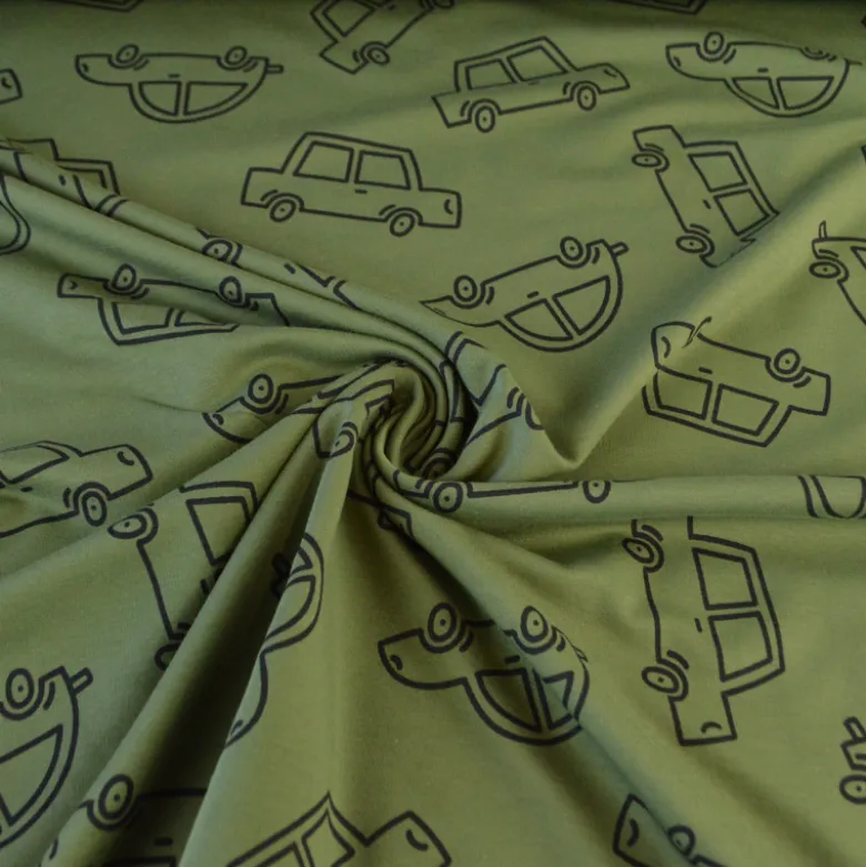 Tissu French Terry coton – Motif voitures XXL fond kaki