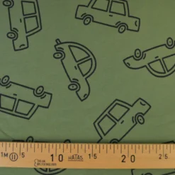 Tissu French Terry coton – Motif voitures XXL fond kaki