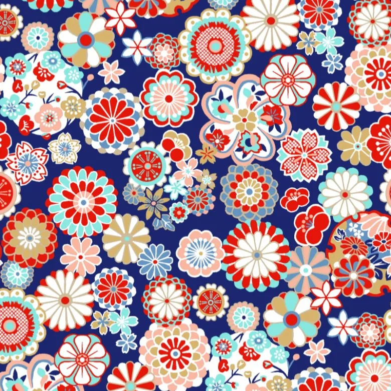 Tissu Hinata en coton motif fleurs fond bleu - OEKO TEX