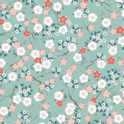 Tissu Hokkaido en coton imprimé fleurs japonaises fond ciel