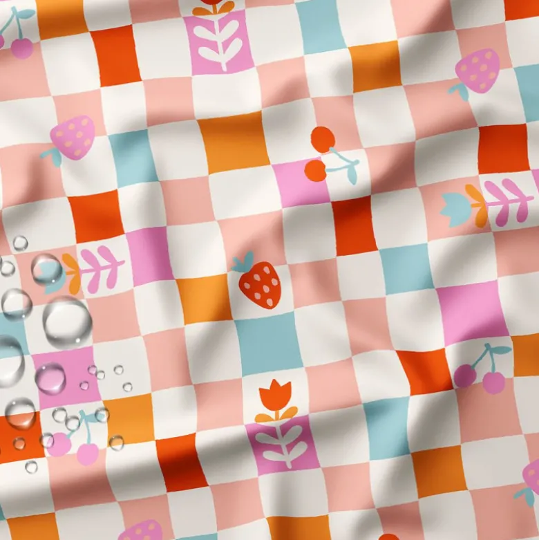 Tissu imperméable Cirafine type ciré motif carreaux écru et rose