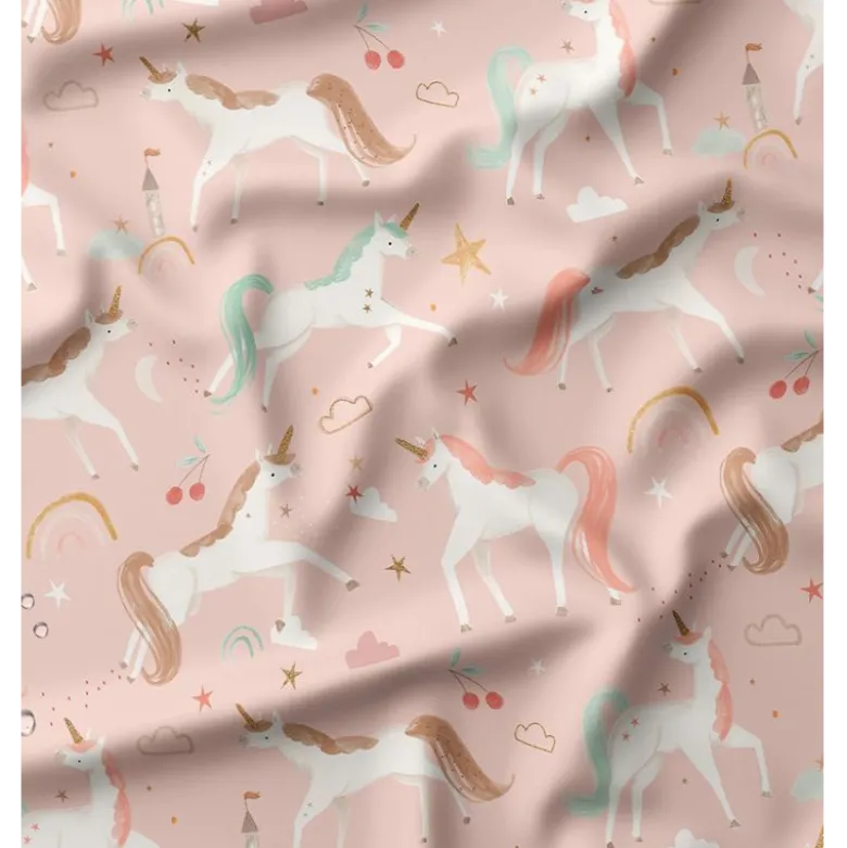 Tissu imperméable Coline type ciré motif licornes fond rose