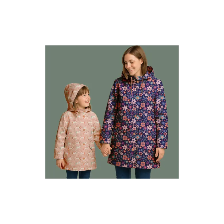 Tissu imperméable Coline type ciré motif licornes fond rose