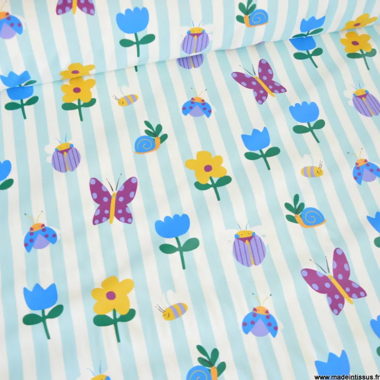 Tissu imperméable Hypolite type ciré de pluie motif fleurs et rayures