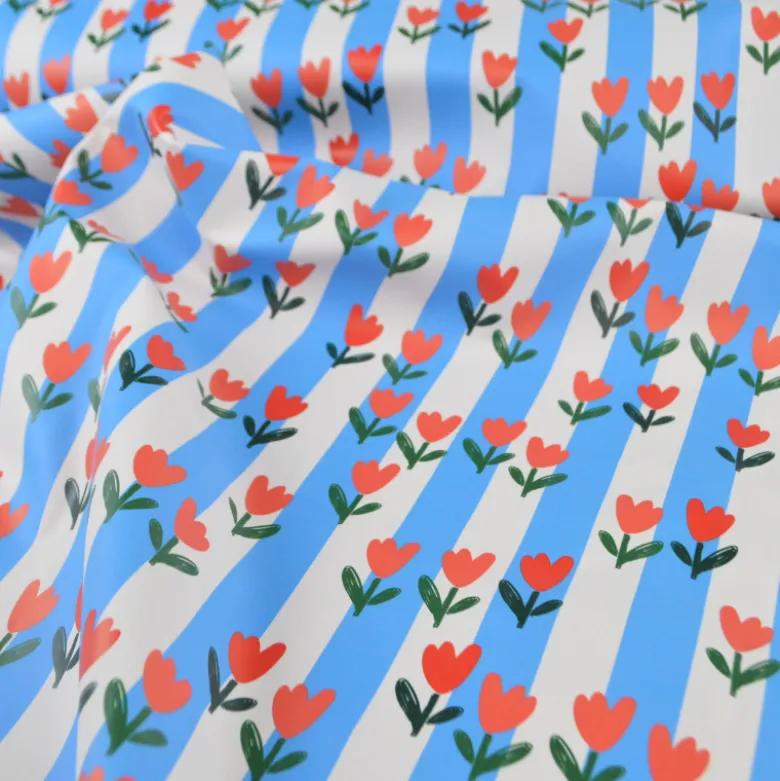 Tissu imperméable Tulipes type ciré de pluie motif fleurs et rayures