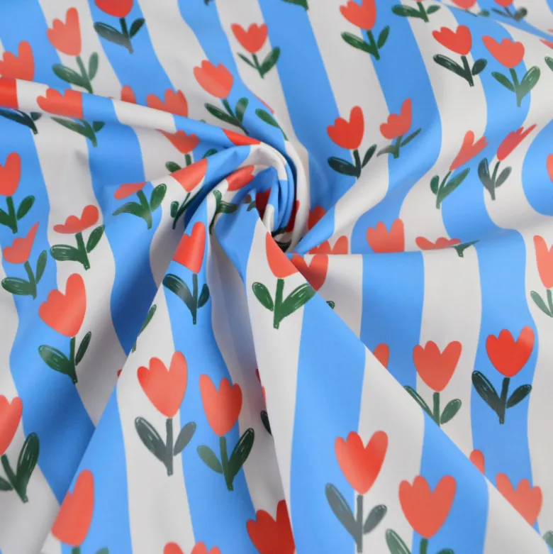 Tissu imperméable Tulipes type ciré de pluie motif fleurs et rayures