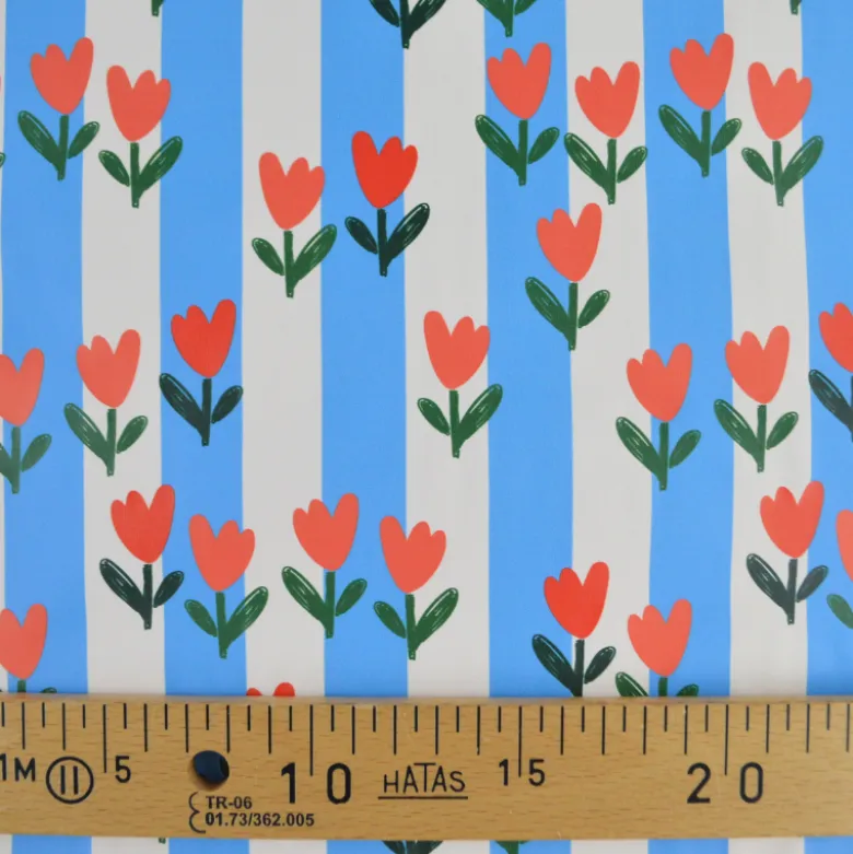 Tissu imperméable Tulipes type ciré de pluie motif fleurs et rayures