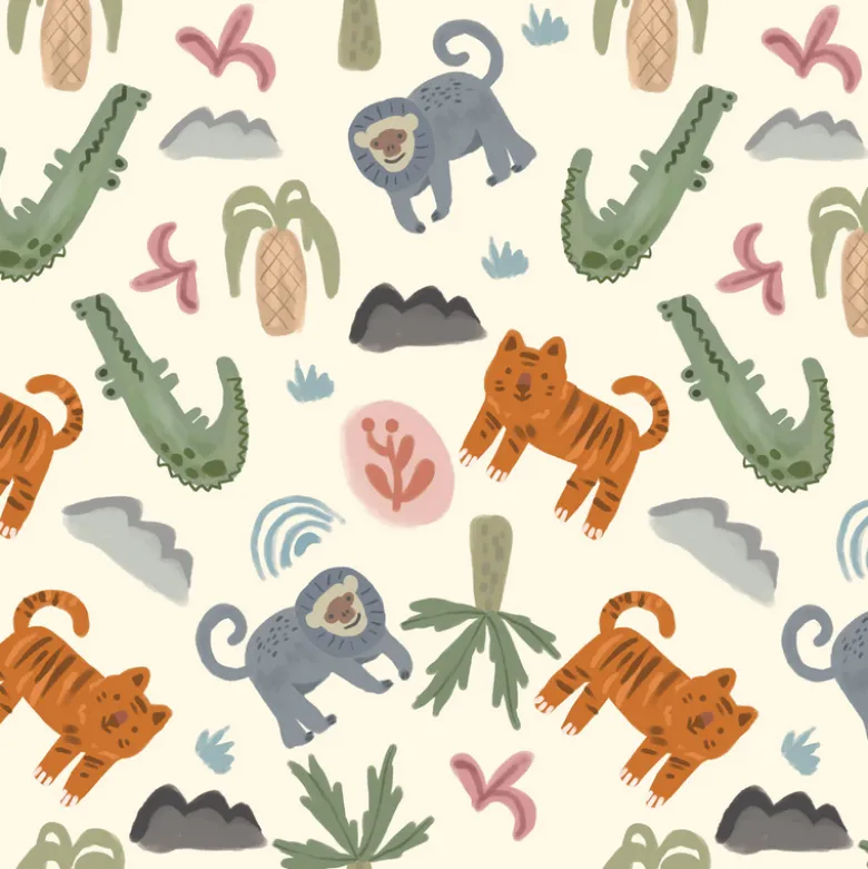 Tissu imperméable type ciré motif animaux de la Savane fond blanc cassé