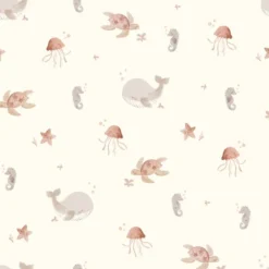 Tissu imperméable type ciré motif animaux de la mer fond blanc cassé
