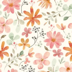 Tissu imperméable type ciré motif fleurs aquarelles fond blanc cassé