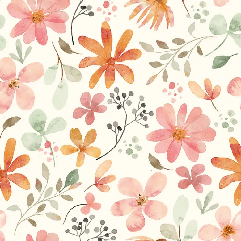 Tissu imperméable type ciré motif fleurs aquarelles fond blanc cassé