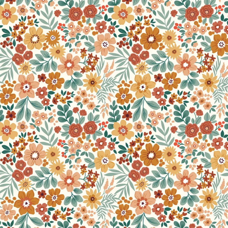 Tissu imperméable type ciré motif fleurs fond blanc cassé