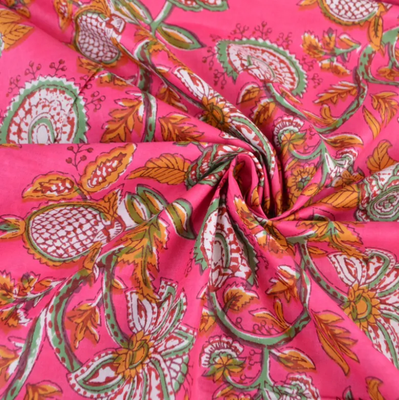 Tissu Indien Block Print Aniray fond rose - kalamkari