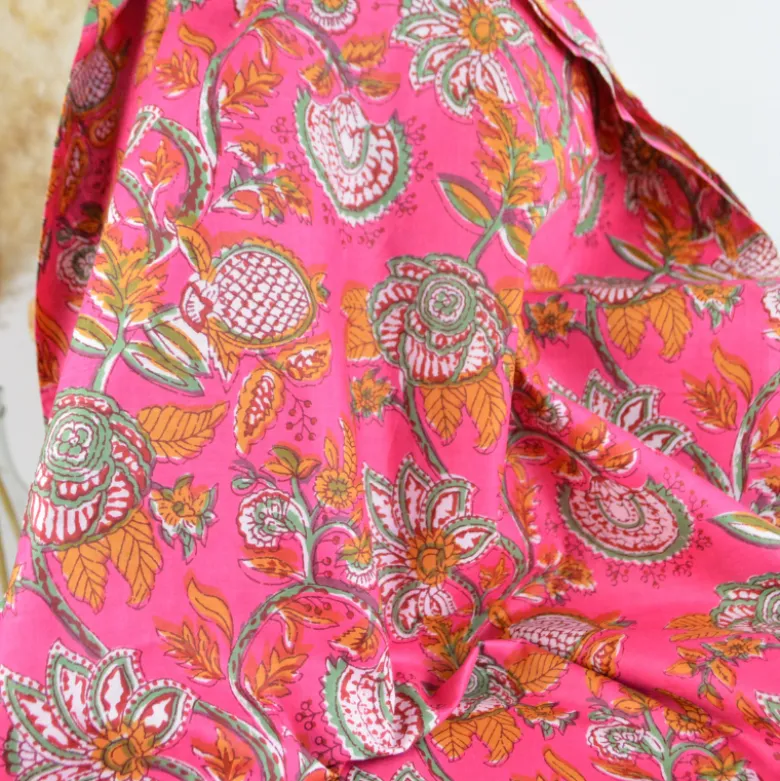 Tissu Indien Block Print Aniray fond rose - kalamkari